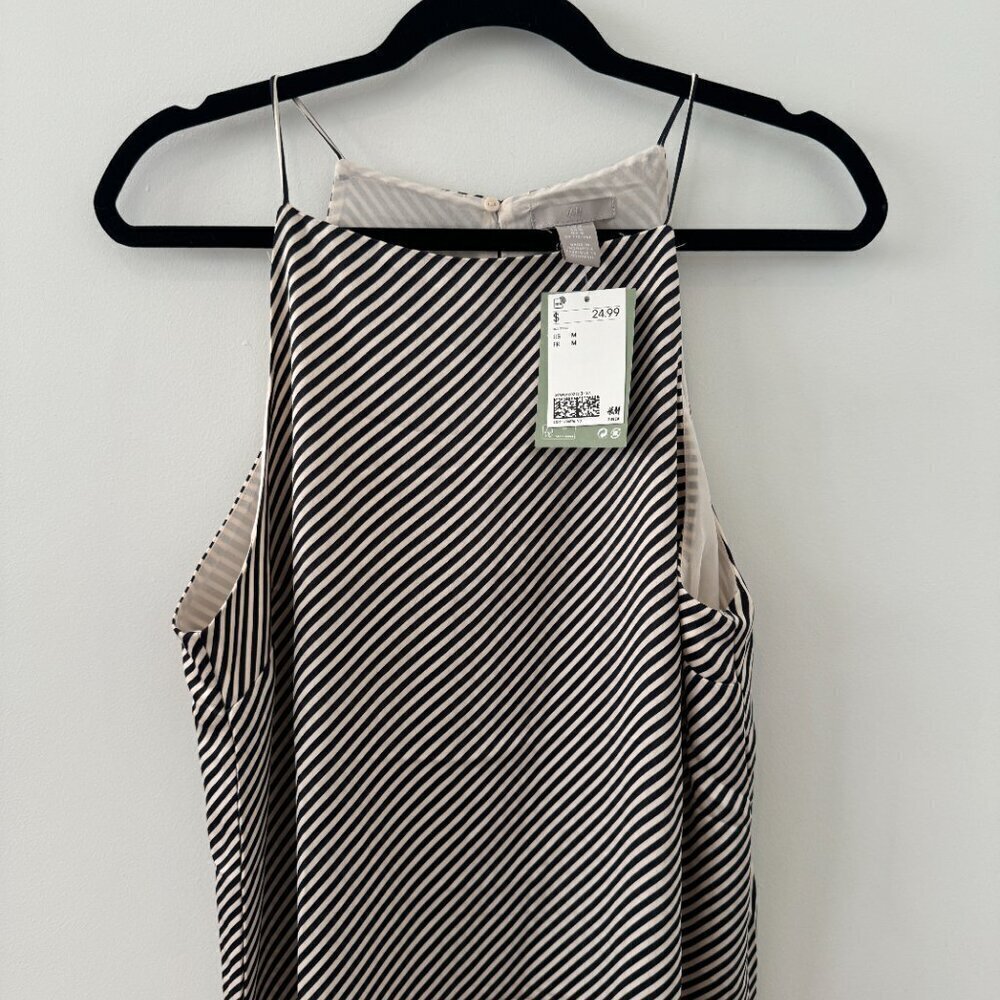 NWT H&M Navy and Off-White Striped Satin Dress - Size M - Picture 2 of 6